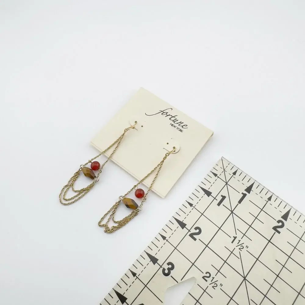 Fortune New York Chain Drop Earrings Gold Tone‎ with Red and Amber Beads